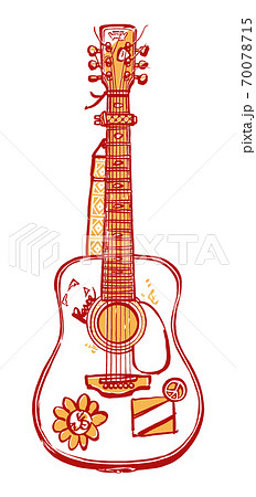 ゴム製カポタストを付けたフォークギター　筆描き・2色塗り 70078715