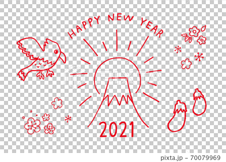 2021 New Year's card material for Ox (Mt. Fuji, hawk and eggplant / white background) 70079969