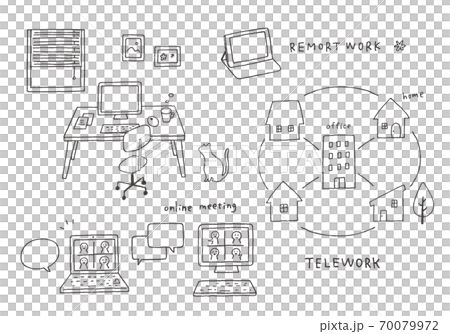 Hand-drawn illustrations of telework and online meetings (monochrome) 70079972