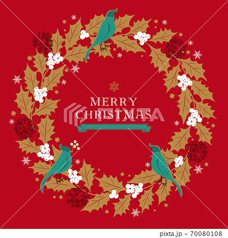 クリスマスリースのイラスト ひいらぎのリース 赤のイラスト素材