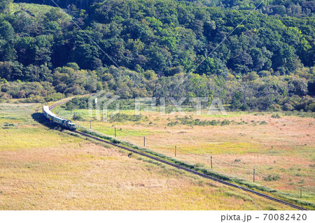 釧路湿原を行くくしろ湿原ノロッコ号、夢ケ丘展望台から 釧路湿原を行くくしろ湿原ノロッコ号、夢ケ丘展望台から 70082420
