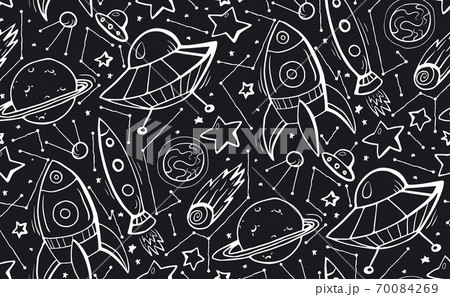 Seamless black and white pattern with hand drawn contour child illustrations of stars, spaceships and UFOs. Vector doodle texture Seamless black and white pattern with hand drawn contour child illustrations of stars, spaceships and UFOs. Vector doodle texture 70084269