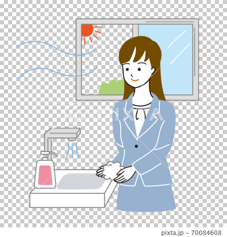 矢量圖的女人洗她的手同時通風作為對電暈的一種措施 70084608