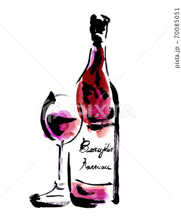 ボジョレーヌーボーのワイングラスとボトルの手描きイラストのイラスト素材