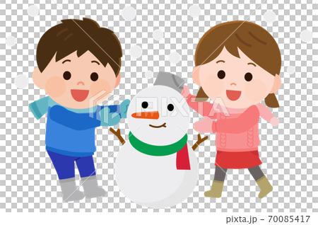 雪だるまを作って遊ぶ子供達 イラストのイラスト素材