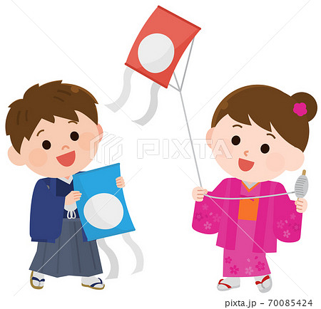 お正月 着物で凧揚げをする子供達 イラストのイラスト素材