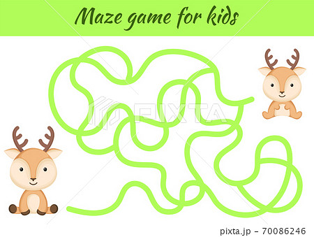 Funny maze or labyrinth game for kids. Help mother find path to baby. Education developing worksheet. Activity page. Cartoon deer characters. Riddle for preschool. Color vector stock illustration. 70086246