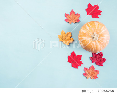 Autumn leaves and pumpkin on blue Autumn leaves and pumpkin on blue 70088230