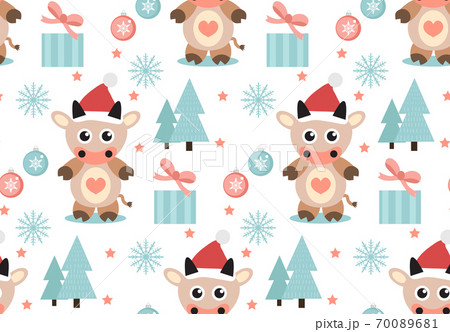 Merry christmas seamless pattern. Cute Bull in a hat of Santa Claus, snowflakes endless texture background. Vector illustration 70089681
