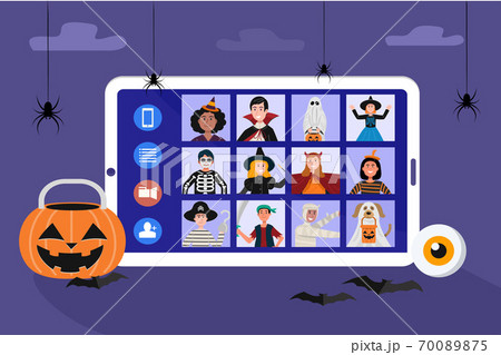 Children in Halloween dress video meetings due to the outbreak of the COVID-19 pandemic. Vector 70089875