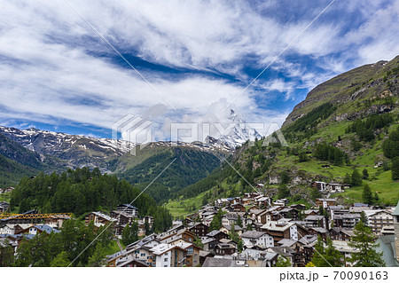 Aerial view on Zermatt Valley and Matterhorn Peak in morning 70090163