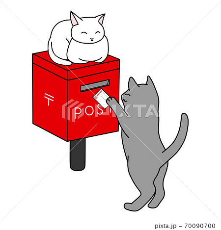郵便ポストにハガキを投函しようとしている灰色の猫と郵便ポストの上にいる白猫 郵便ポストにハガキを投函しようとしている灰色の猫と郵便ポストの上にいる白猫 70090700