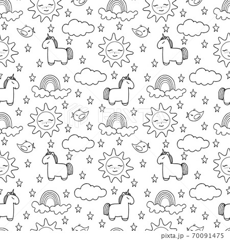 Seamless pattern with silhouettes of a unicorn,sun, clouds, rainbows, birds and stars. Vector illustration for coloring, textiles and decor. Seamless pattern with silhouettes of a unicorn,sun, clouds, rainbows, birds and stars. Vector illustration for coloring, textiles and decor. 70091475