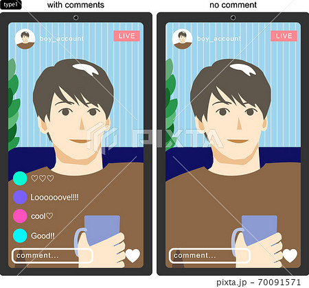 Snsのライブ配信をする若い男性を画面越しに見たイラスト1 線なし コメントありなし版のイラスト素材