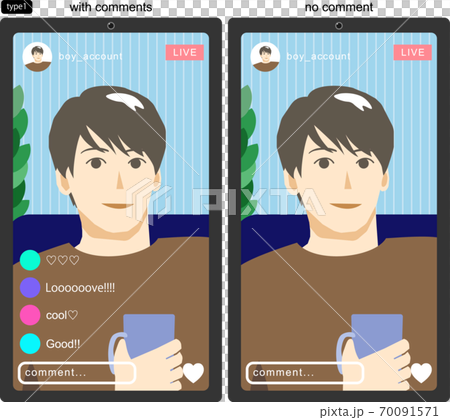 SNSのライブ配信をする若い男性を画面越しに見たイラスト1　線なし　コメントありなし版 70091571
