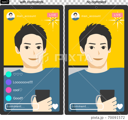 Snsのライブ配信をする若い男性を画面越しに見たイラスト2 線なし コメントありなし版のイラスト素材