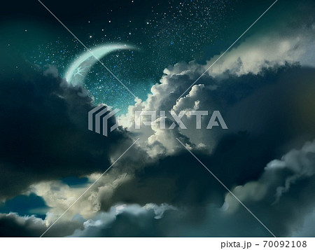 星空と幻想的な宇宙と月のファンタジー風景背景イラストのイラスト素材