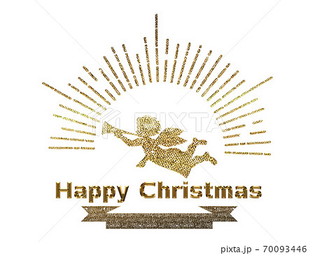 手描きタッチのハッピークリスマスのロゴマーク ゴールド 集中線と天使ロゴのイラストxmasのイラスト素材