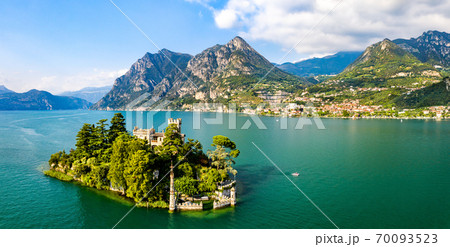 Castle on Loreto Island on Lake Iseo in Italy 70093523