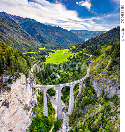 Aerial view of Landwasser Viaduct in Switzerland 70093596