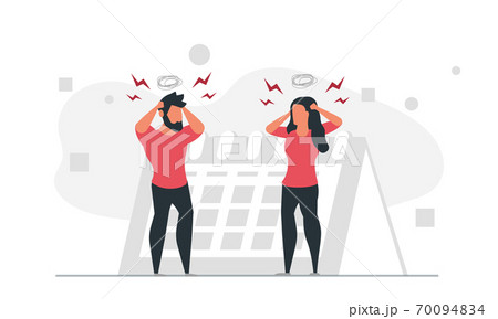 People have stress at work due to difficulties and deadlines. Man and women have health problems because of work concept vector illustration People have stress at work due to difficulties and deadlines. Man and women have health problems because of work concept vector illustration 70094834