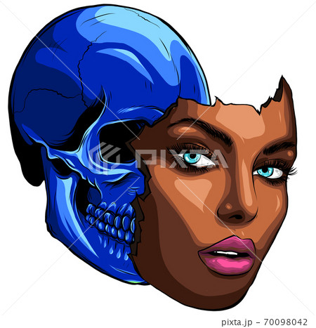 skull with sad unhappy face holding mask with a fake smile. skull with sad unhappy face holding mask with a fake smile. 70098042