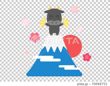 富士山の頂上で踊る牛のキャラクターのイラストのイラスト素材