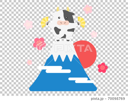 Illustration of a cow character dancing at the top of Mt. Fuji Illustration of a cow character dancing at the top of Mt. Fuji 70098769