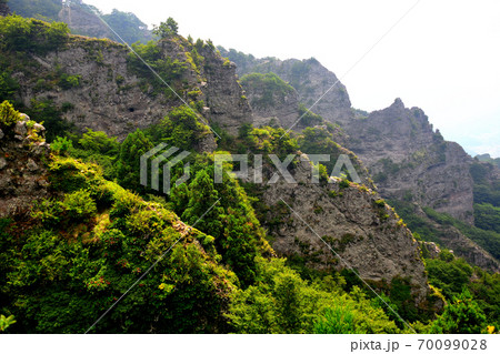 寒霞渓 四望頂展望台から眺める、層雲壇に連なる険しい岩と崖のイメージ 香川県 小豆島(3) 寒霞渓 四望頂展望台から眺める、層雲壇に連なる険しい岩と崖のイメージ 香川県 小豆島(3) 70099028