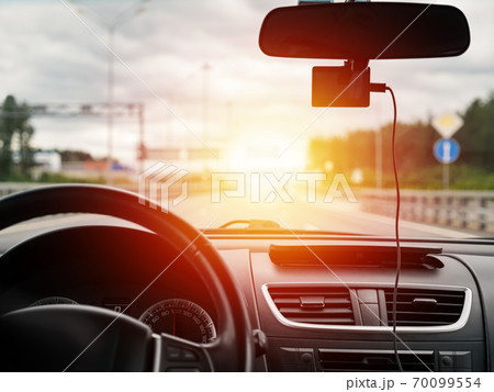 Rear view from car on highway. Driving car 70099554