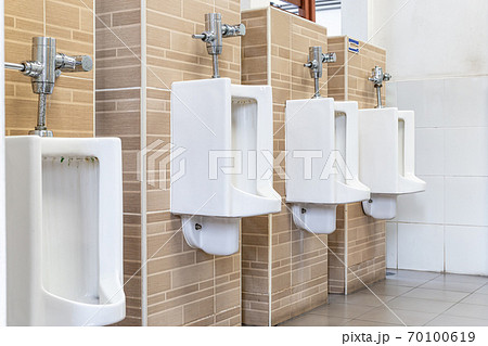 Closeup White Urinals Mens Bathroom Design Stock Photo 727942459