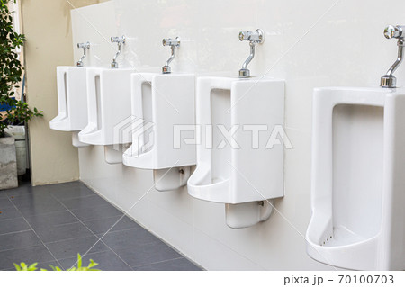 Closeup White Urinals Mens Bathroom Design Stock Photo 727942459