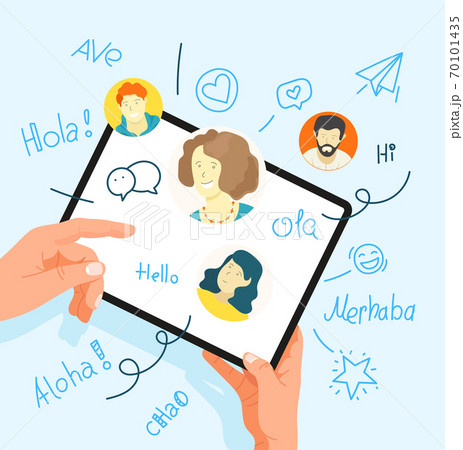Human gesture using tablet computer. Say hello in different languages 70101435