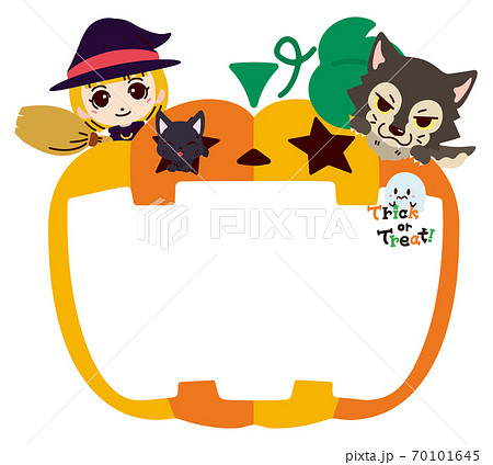 魔女と狼男のかわいいハロウィンかぼちゃのフレームのイラスト素材