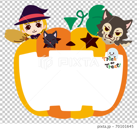 魔女と狼男のかわいいハロウィンかぼちゃのフレームのイラスト素材