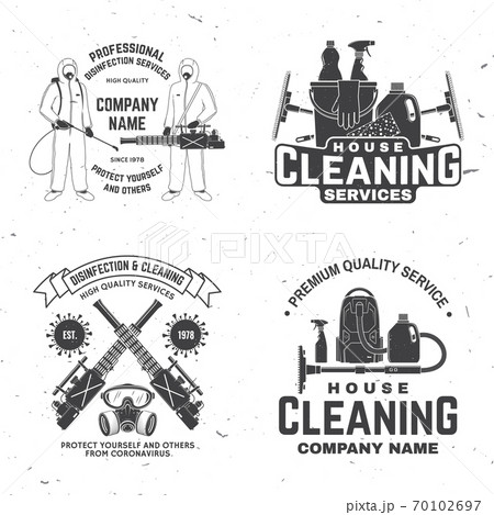 Disinfection and cleaning services badge, logo, emblem. Vector. For professional disinfection and cleaning company. Vintage typography design with disinfectant worker and sprayer Disinfection and cleaning services badge, logo, emblem. Vector. For professional disinfection and cleaning company. Vintage typography design with disinfectant worker and sprayer 70102697