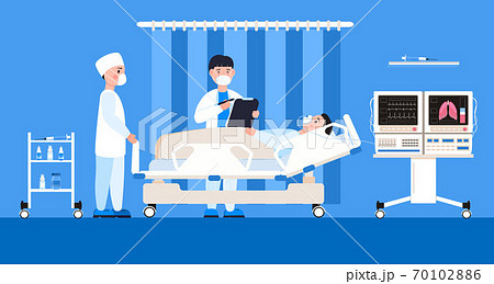 Reanimation equipment for unconscious patients. Intensive care unit clinic with air oxygen sensor for medical ventilation. Doctors treat patient with coronavirus vector. 70102886
