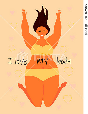 Body positive concept vector. Happy plus size girl wearing swimsuit and smiling. Active healthy lifestyle and love your body Body positive concept vector. Happy plus size girl wearing swimsuit and smiling. Active healthy lifestyle and love your body 70102905