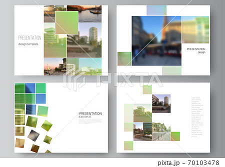 Vector layout of the presentation slides design business templates, multipurpose template for presentation brochure, brochure cover. Abstract project with clipping mask green squares for your photo. 70103478