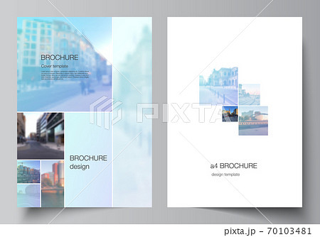 Vector layout of A4 format cover mockups templates for brochure, flyer layout, booklet, cover design, book design, brochure cover. Abstract design project in geometric style with blue squares. Vector layout of A4 format cover mockups templates for brochure, flyer layout, booklet, cover design, book design, brochure cover. Abstract design project in geometric style with blue squares. 70103481