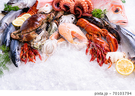 Front view fresh seafood on ice background with copyspae 70103794