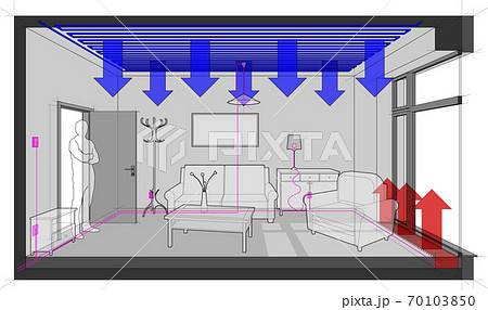 empty room with french window and ceiling cooling and floor heating convector and furniture with electric installations empty room with french window and ceiling cooling and floor heating convector and furniture with electric installations 70103850