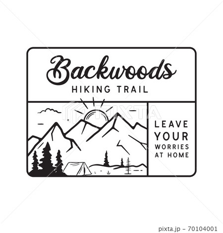 Vintage camping adventure logo emblem illustration design. Outdoor label with tent, mountain scene and text - Backwoods Hiking Trails. Unusual linear style sticker. Stock vector. 70104001