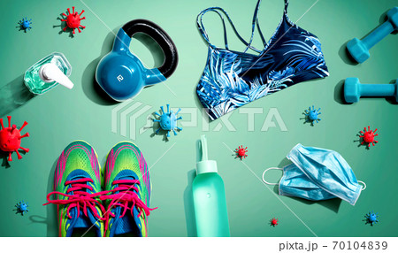 Fitness and coronavirus theme with workout set Fitness and coronavirus theme with workout set 70104839