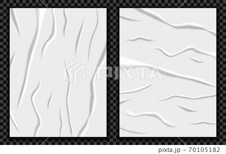 Realistic badly glued paper vector illustration. Wet crumpled poster mockup, wrinkled sheet texture, imitation crumpled paper effect 70105182