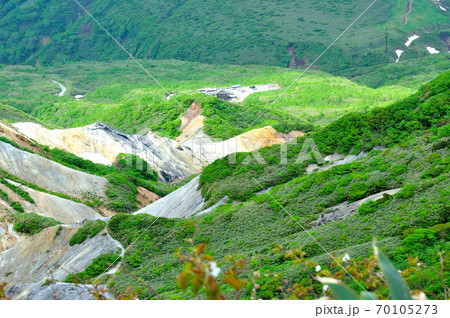 活火山秋田駒ヶ岳 しゃくなげコースから見下ろす八合目小屋 活火山秋田駒ヶ岳 しゃくなげコースから見下ろす八合目小屋 70105273