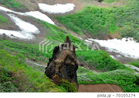 活火山秋田駒ヶ岳 北部カルデラの溶岩と雪渓 活火山秋田駒ヶ岳 北部カルデラの溶岩と雪渓 70105274