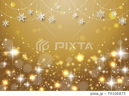 雪の結晶がぶら下がった キラキラ イルミネーションのクリスマス背景 フレーム 金のイラスト素材