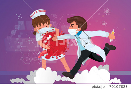 Vector illustration fight covid-19 corona virus. cure corona virus. Doctor  and Nurse fight virus concept. corona viruses vaccine concept. end of 2019-ncov. don't be afraid of the corona virus 70107823