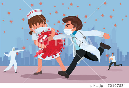 Vector illustration fight covid-19 corona virus. cure corona virus. Doctor  and Nurse fight virus concept. corona viruses vaccine concept. end of 2019-ncov. don't be afraid of the corona virus 70107824